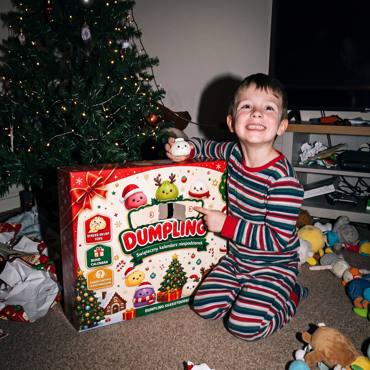 Boy opening a door of the huge squishy calendar