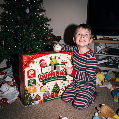 Boy opening a door of the huge squishy calendar