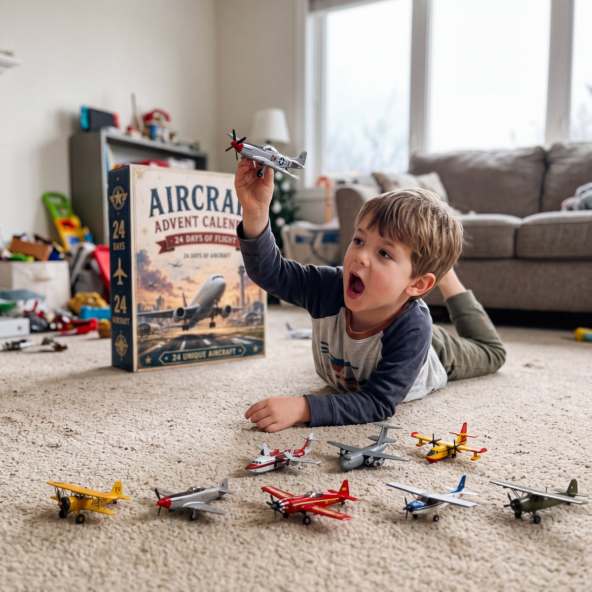 Boy flying his mini plane on the carpet