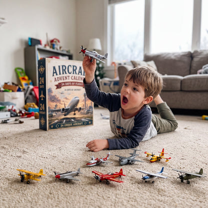 Boy flying his mini plane on the carpet