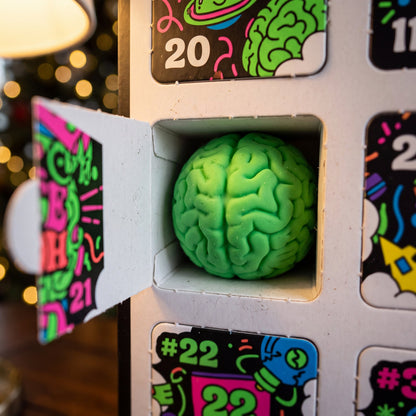 The green brain squishy in its numbered compartment