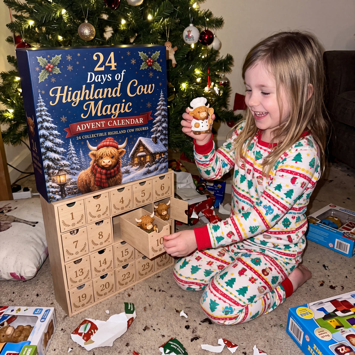 Girl opening a door of the huge highland cow calendar
