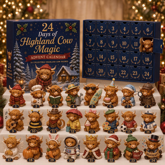 Giant highland cow advent calendar with all 24 figurines in front