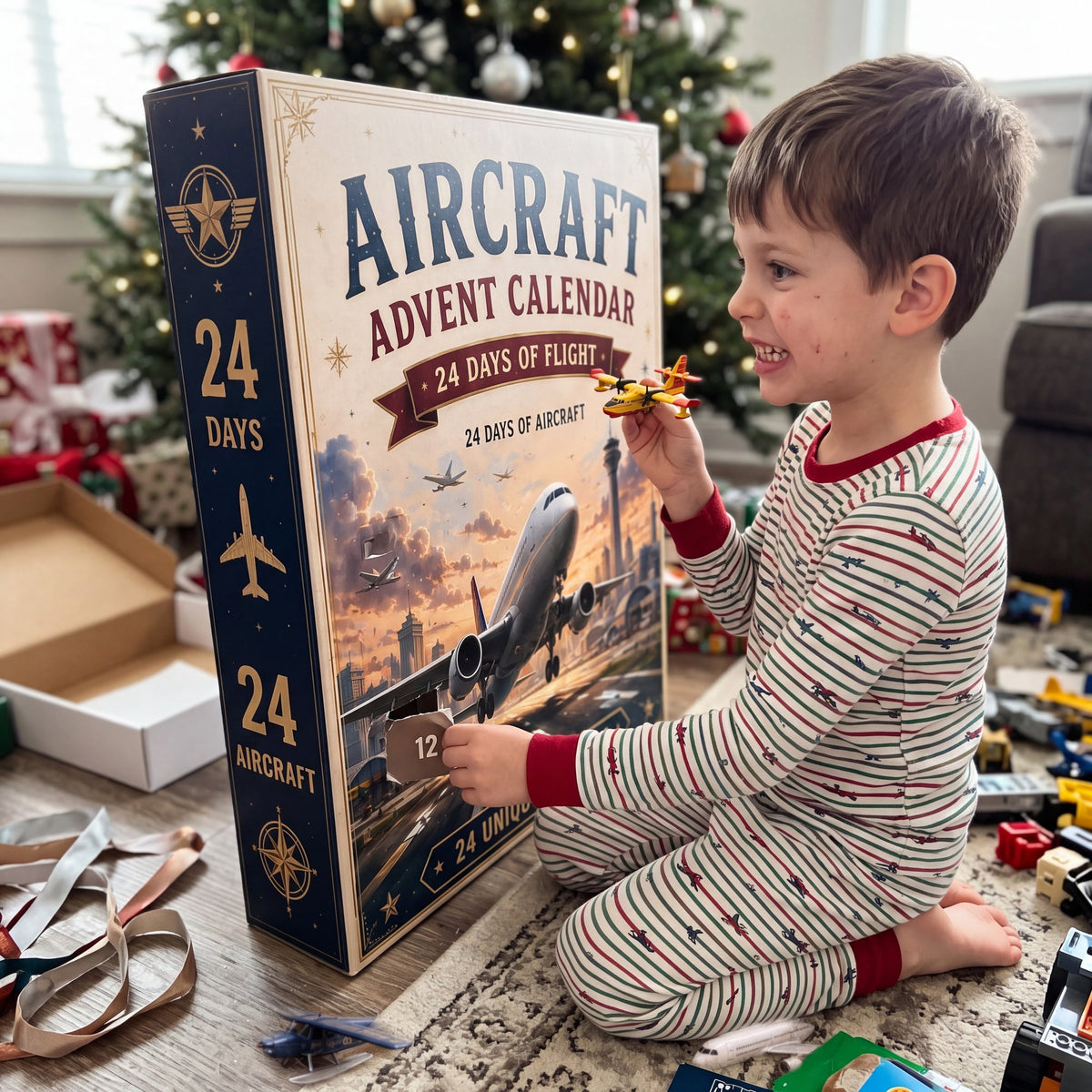 Boy opening a door of the huge aircraft calendar