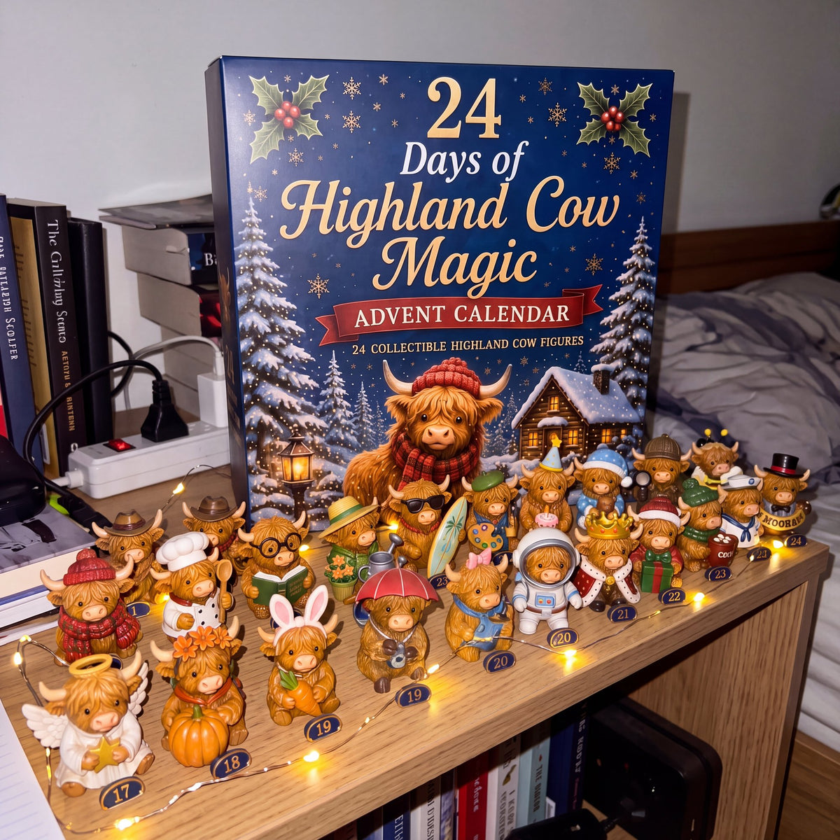 The moo crew lined up on the bedroom shelf