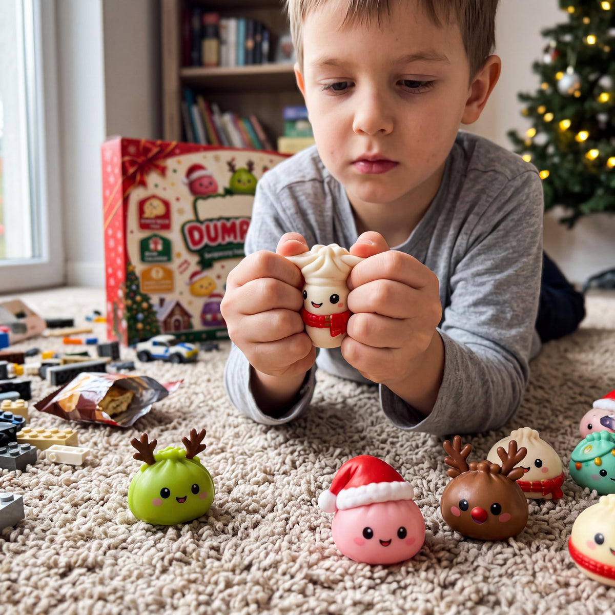 Boy squeezing his new squishy on the carpet