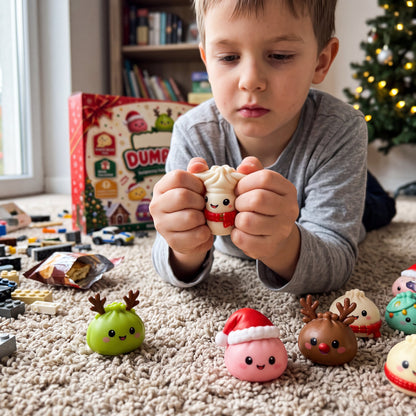Boy squeezing his new squishy on the carpet