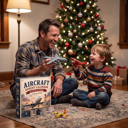 Dad and son flying planes by the tree