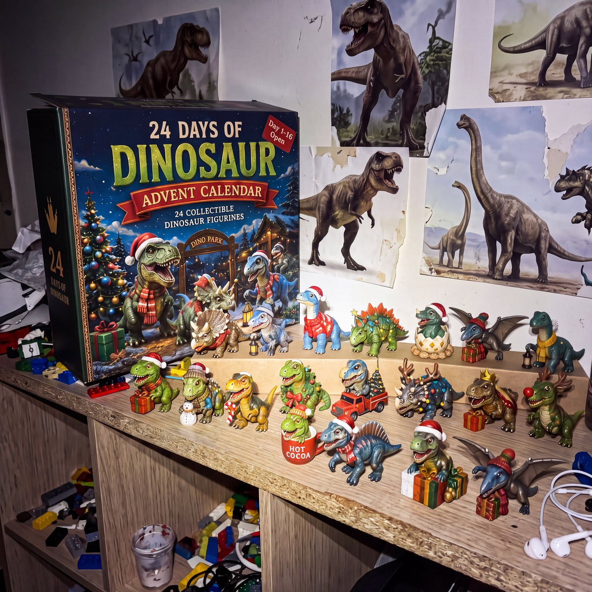Dino museum lined up on the bedroom shelf