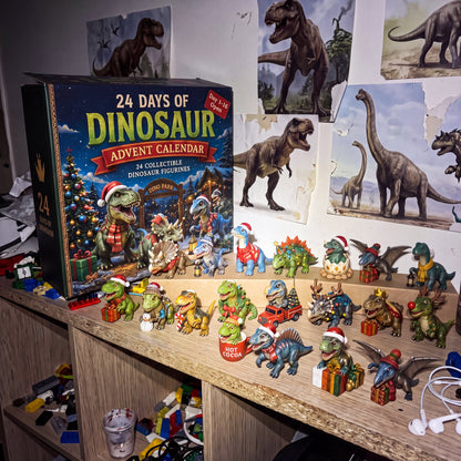 Dino museum lined up on the bedroom shelf