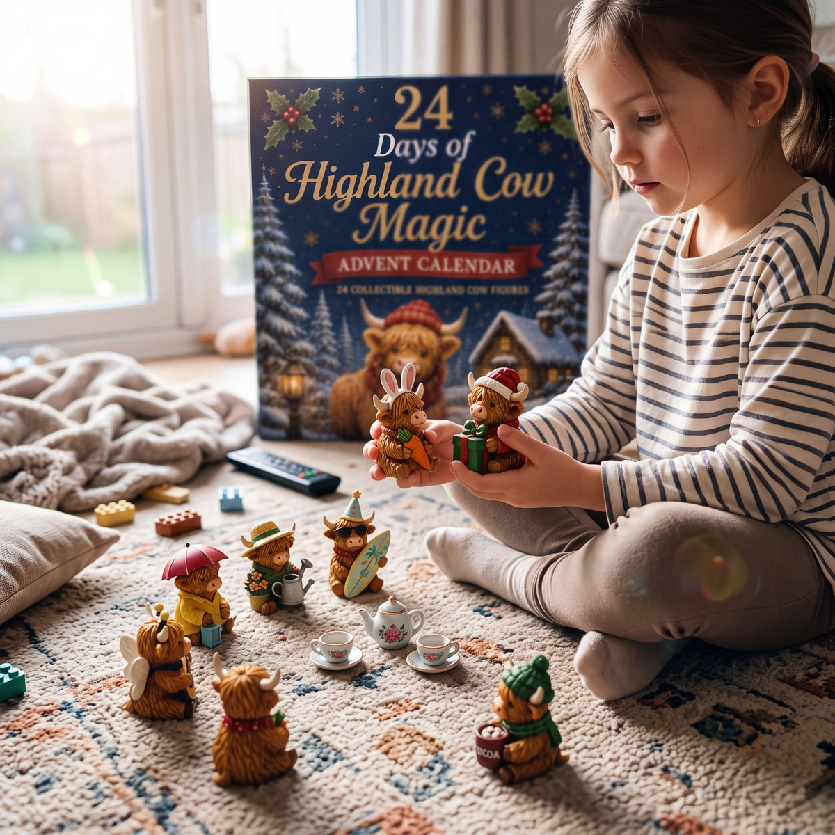 Girl playing tea party with her highland cows