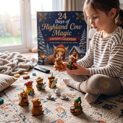 Girl playing tea party with her highland cows