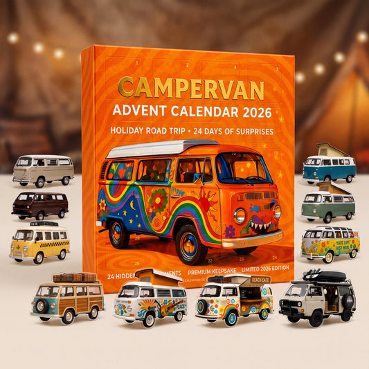 Giant campervan calendar with all 24 vans in front