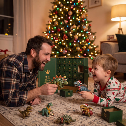 Dad and son making their dinos stomp by the tree