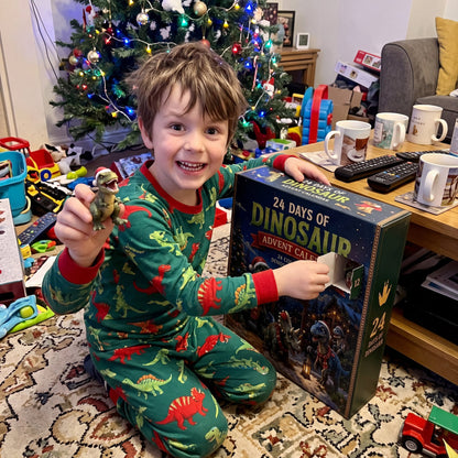 Boy opening a door of the huge dino calendar